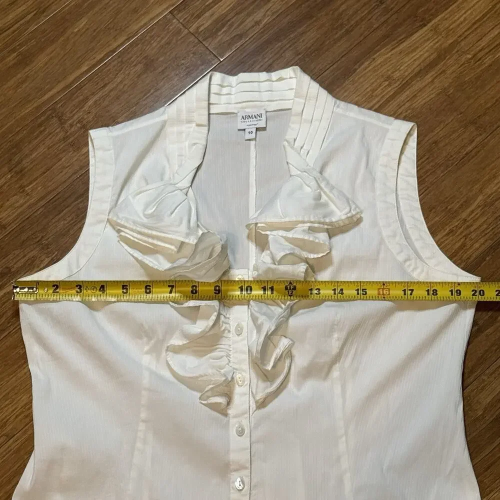 VTG ARMANI COLLEZIONI Women’s Sleeveless Ruffle Casual Formal Cream Shirt 10 - Picture 7 of 13